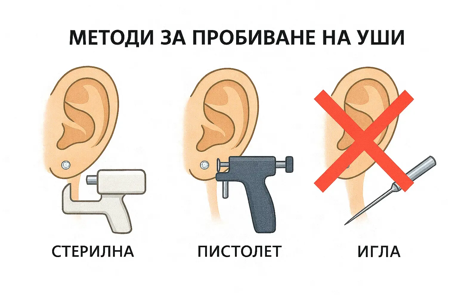 Методи за пробиване на ушите: helix, tragus и conch