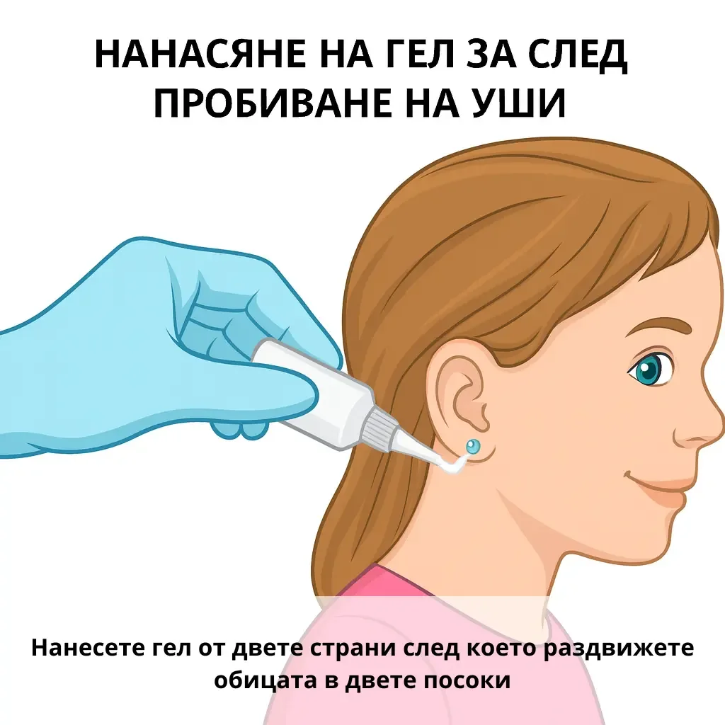 Нанасяне на гел за след пробиване на уши от двете страни на ухото