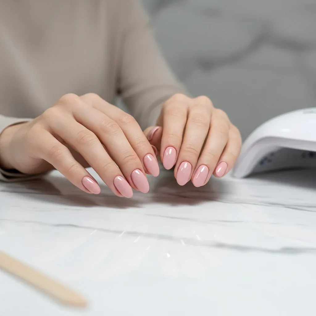 Маникюр с гел лак в естествен нюанс и овална форма от Abi Beauty